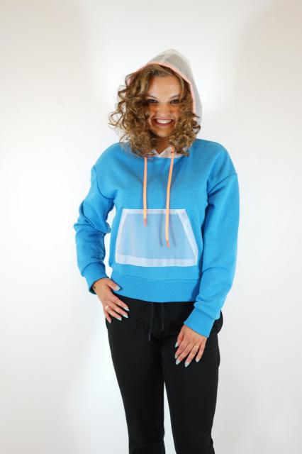 Sweater blue with transparent hood | BeautyLine Fashion BV