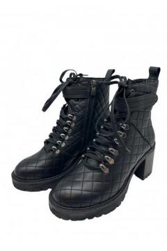 Leather Lace Boots Cassido black quilted | enkellaarsjes