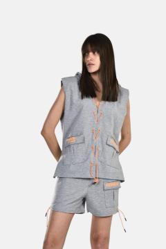 Two Piece Set - Shorts & Sleeveless Hooded Shirt - Grey | two-piece set